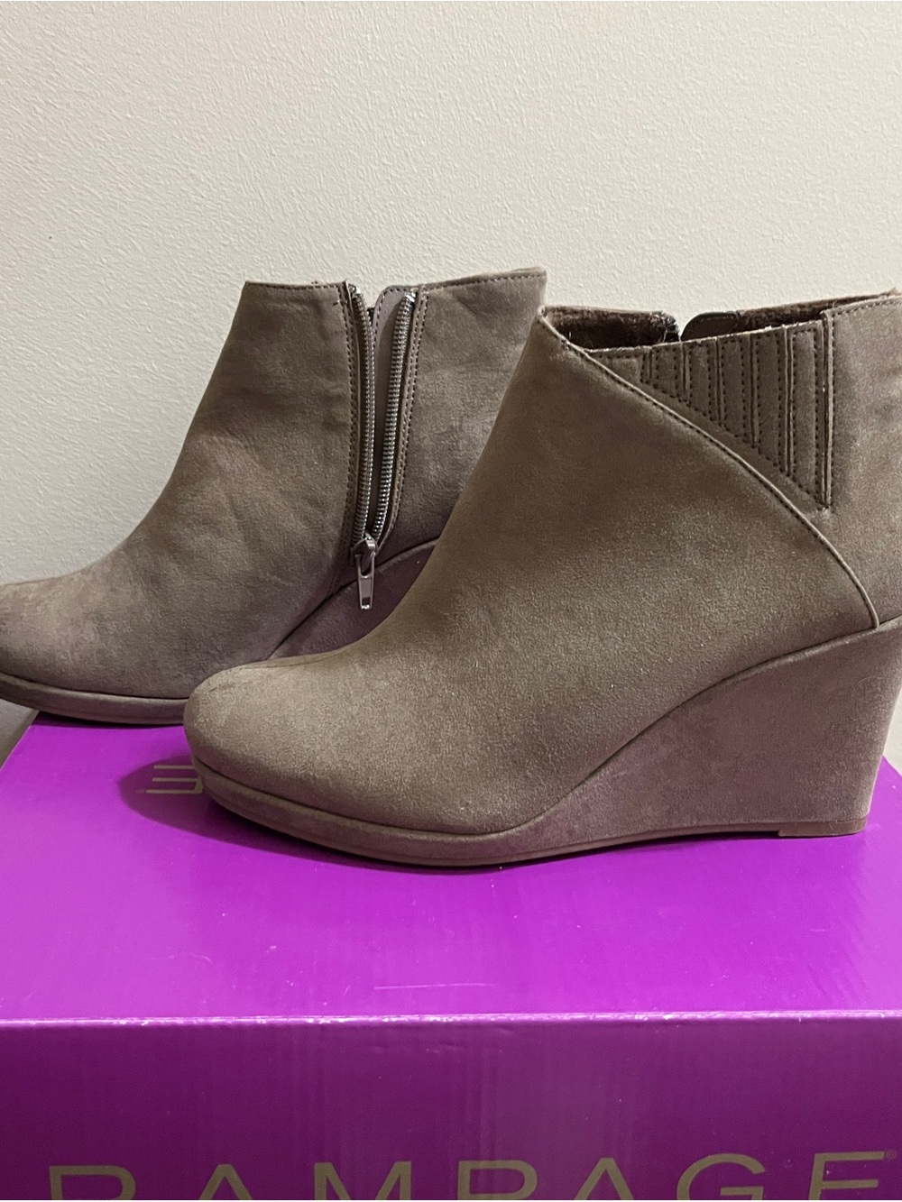 Booties ankle Rampage Taupe faux Suede Wedge with Side Zip